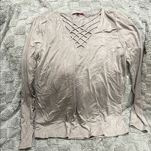 BKE Cream grey Long Sleeve Cut Out Blouse